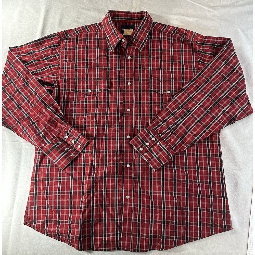 Wrangler Pearl Snap‎ Western Long Sleeve Shirt men's XL Red Plaid Rodeo Cowboy